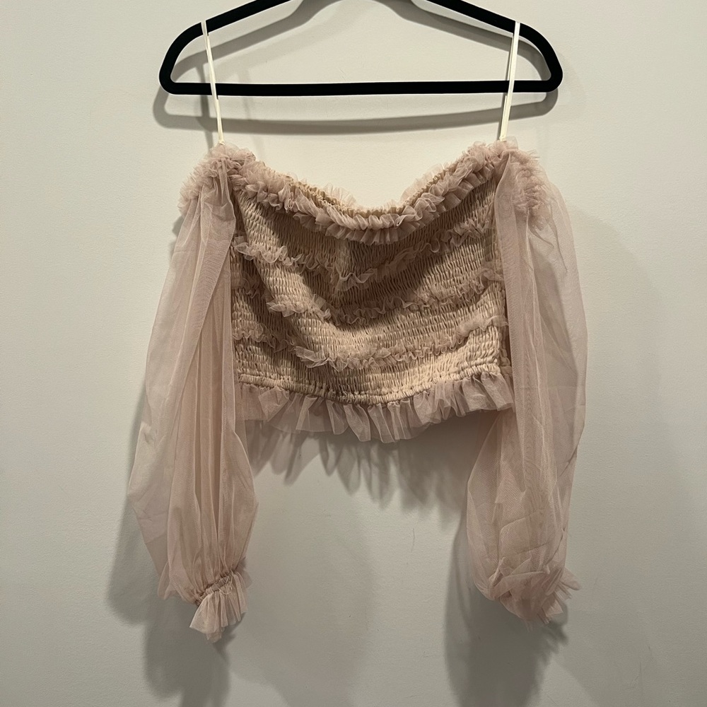 Vici Blush Pink Off-Shoulder Sheer Sleeve Crop Top